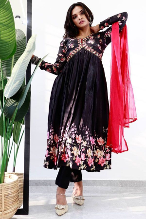 Black Embroidered Chiffon Alia Cut Anarkali Suit