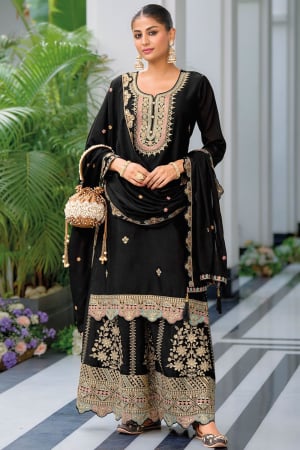 Black Embroidered Chinnon Palazzo Kameez