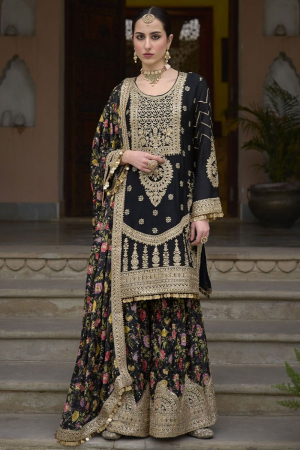 Black Embroidered Chinnon Palazzo Kameez for Festival