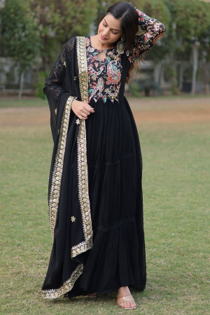 Black Embroidered Faux Georgette Anarkali Gown with Dupatta
