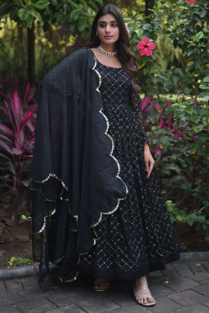 Black Embroidered Faux Georgette Gown with Dupatta