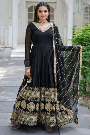 Black Embroidered Faux Georgette Gown with Dupatta