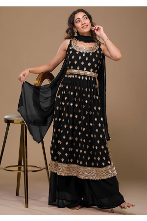 Black Embroidered Faux Georgette Palazzo Kameez