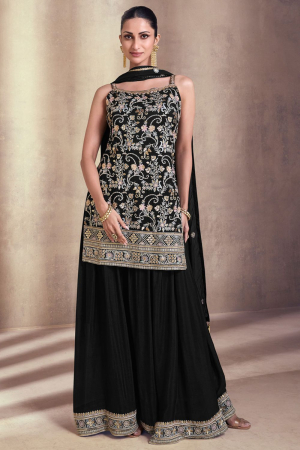 Black Embroidered Faux Georgette Palazzo Kameez
