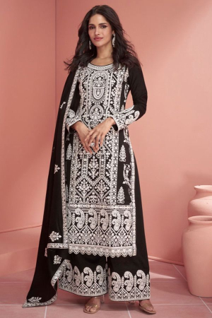 Black Embroidered Georgette Palazzo Kameez for Festival