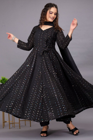 Black Embroidered Georgette Readymade Anarkali Dress
