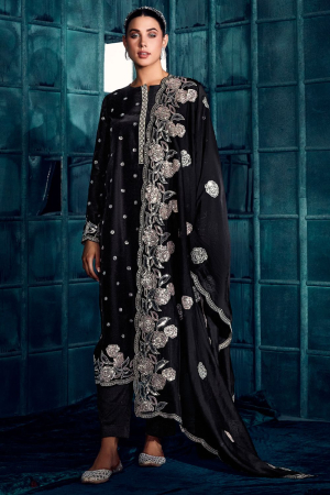 Black Embroidered Modal Silk Plus Size Suit