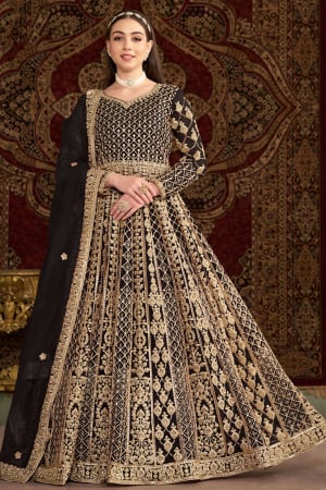 Black Embroidered Net Anarkal Suit for Festival