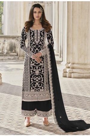 Black Embroidered Net Palazzo Kameez