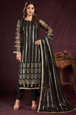 Black Embroidered Net Plus Size Suit