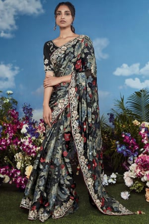 Black Embroidered Pure Brasso Designer Saree