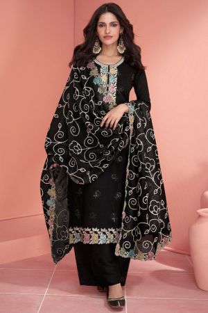 Black Embroidered Silk Palazzo Kameez for Festival