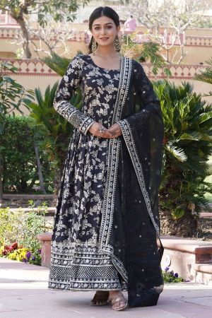 Black Embroidered Viscose Jacquard Gown with Dupatta