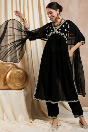 Black Faux Georgette Embroidered Aliya Style Kurta Set with Dupatt