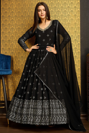 Black Faux Georgette Flared Anarkali Gown with Dupatta