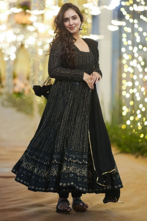 Black Faux Georgette Gown with Dupatta