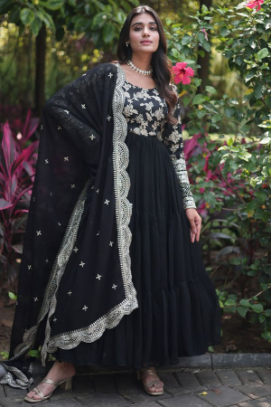 Black Flared Faux Georgette Gown with Dupatta