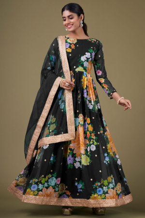 Black Floral Print Faux Georgette Anarkali Suit