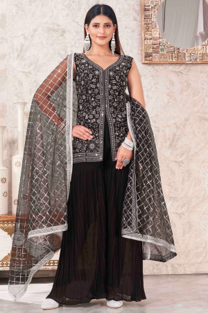 Black Georgette Embroidered Sarara Kameez Suit
