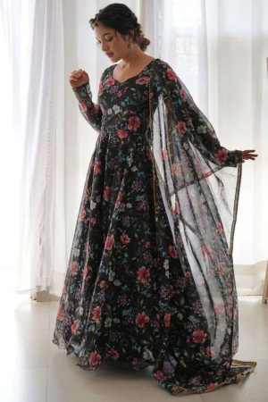Black Georgette Printed Gown with Dupatta