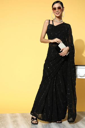 Black Georgette Sequins Embroidery Work Party Wear Saree