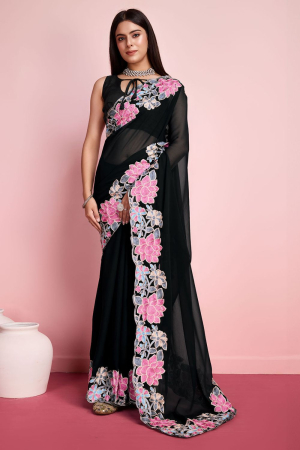 Black Georgette Silk Embroidered Party Wear Saree