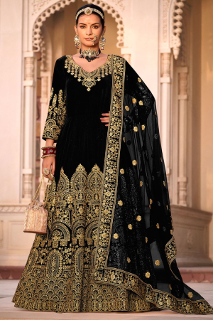 Black Heavy Embroidered Velvet Anarkali Suit