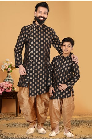 Black Jacquard Silk Father Son Indo Western Combo