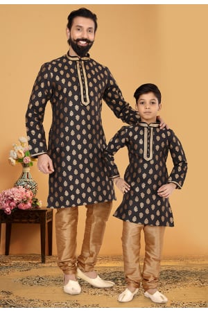 Black Jacquard Silk Father Son Kurta Set Combo