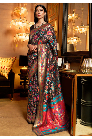 Black Kashmiri Silk Woven Saree