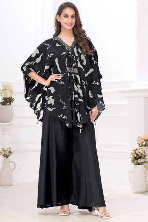 Black Party Wear Muslin Poncho with Palazzo