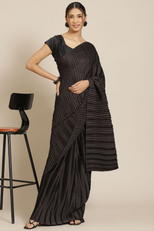 Black Pleated Satin Silk Partywear Saree