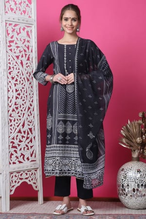 Black Printed Cotton Pant Kameez