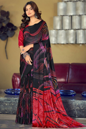 Black Printed Satin Silk Saree