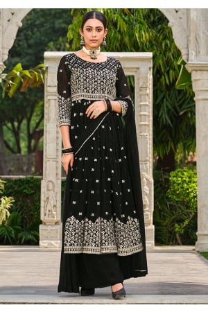 Black Pure Faux Georgette Palazzo Kameez Suit