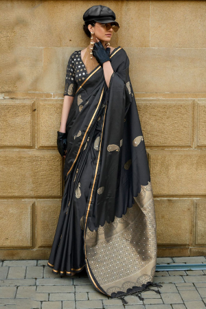 Black Pure Handloom Weaving Satin Silk Saree