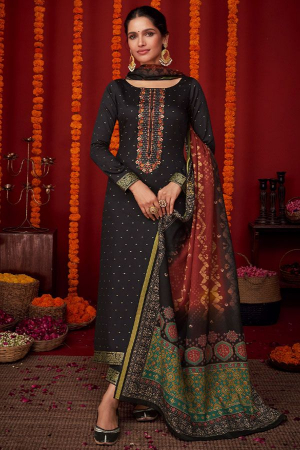 Black Pure Viscose Satin Embroidered Suit