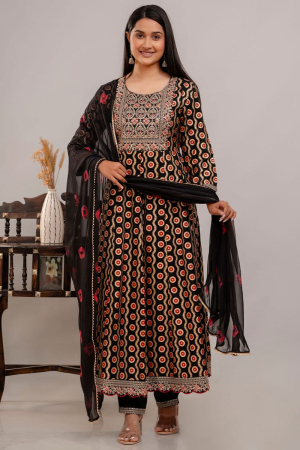 Black Rayon Cotton Readymade Anarkali Suit