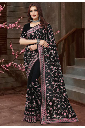 Black Resham Embroidered Georgette Saree