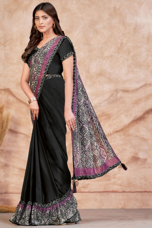 Black Satin Crepe Silk Saree Ready to Wear Saree