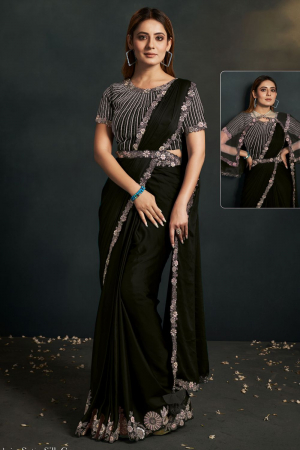 Black Satin Silk Crepe Designer Ready to Wear Saree