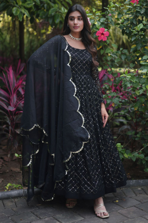 Black Sequined Anarkali Gown with Dupatta