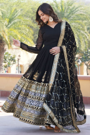 Black Sequins Embroidered Faux Georgette Gown with Dupatta