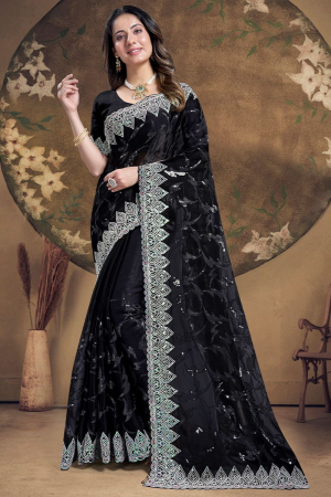 Black Sequins Embroidered Silk Saree