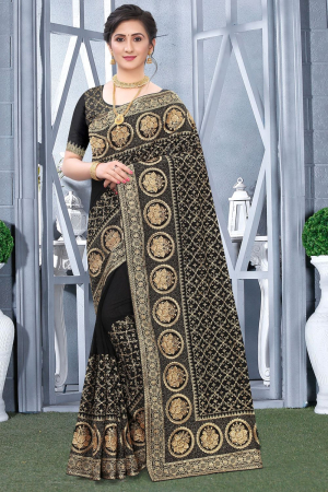 Black Silk Zari Embroidered Saree