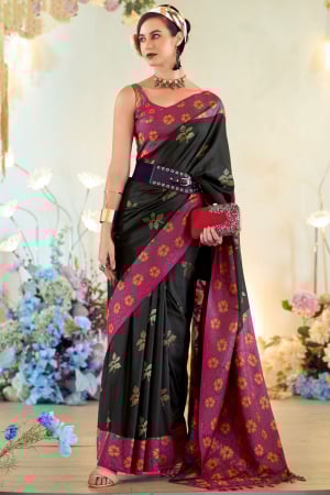 Black Soft Silk Saree with Ikkat Border