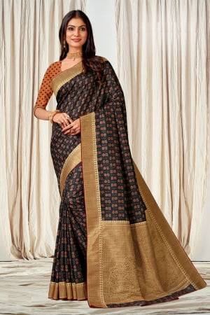 Black Tussar Silk Digital Printed Saree