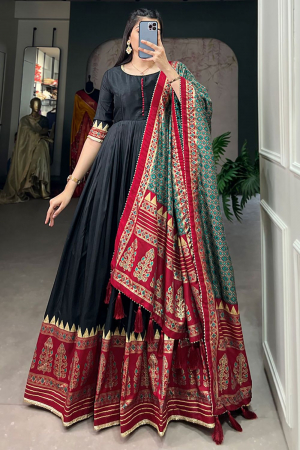 Black Tussar Silk Foil Printed Anarkali Gown with Dupatta