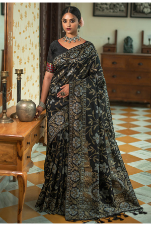 Black Tussar Silk Zari woven Saree