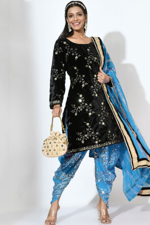 Black Velvet Embroidered Patiala Kameez Suit